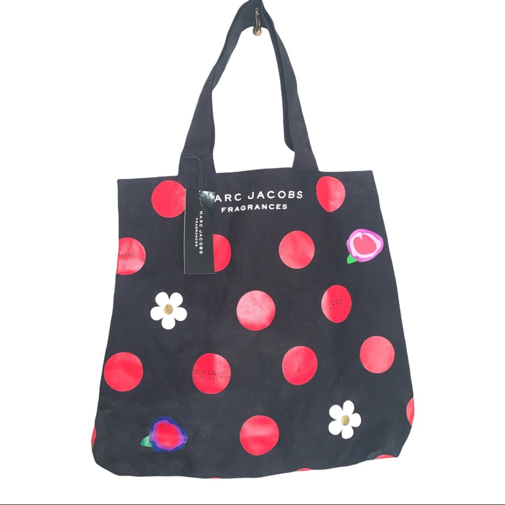 NWT Marc Jacobs Fragrance Floral Black & Pink Polka Dot Cloth Tote Bag Purse